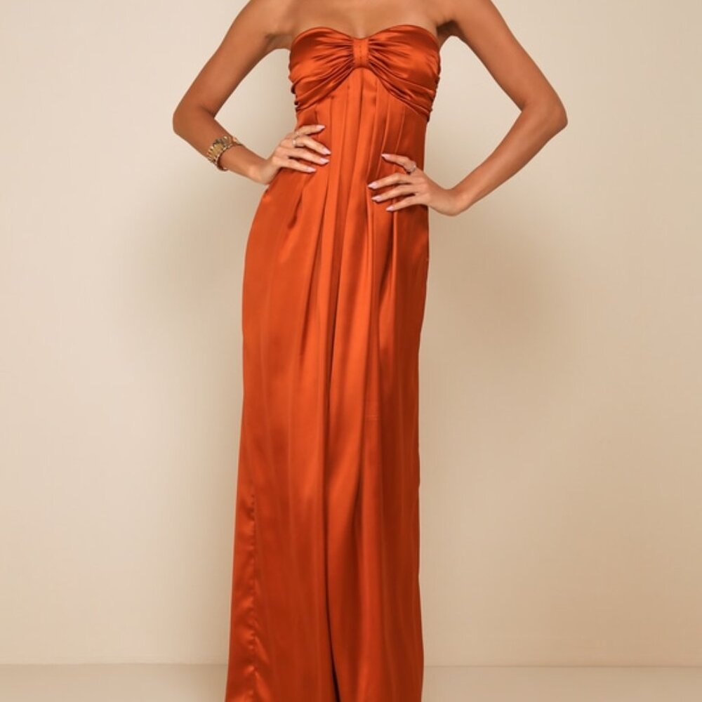 Lulus Memorable Entrance Rust Orange Strapless Satin Maxi Dress - Size L